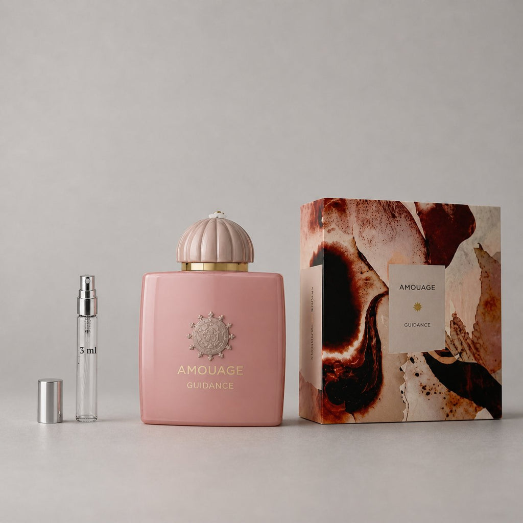Amouage Guidance Sample Spray featuring a pink bottle with a decorative cap and a matching box, alongside a 5ml spray vial.