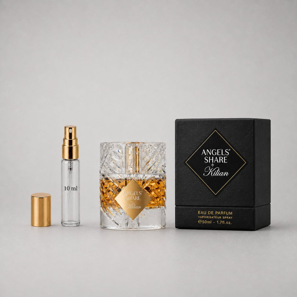 Kilian Angels' Share Sample Spray featuring a crystal bottle, gold accents, and a black box packaging. 10ml spray included.