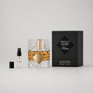 Kilian Angels' Share Sample Spray with a crystal bottle, gold accents, and a black box, featuring a 1ml travel spray.