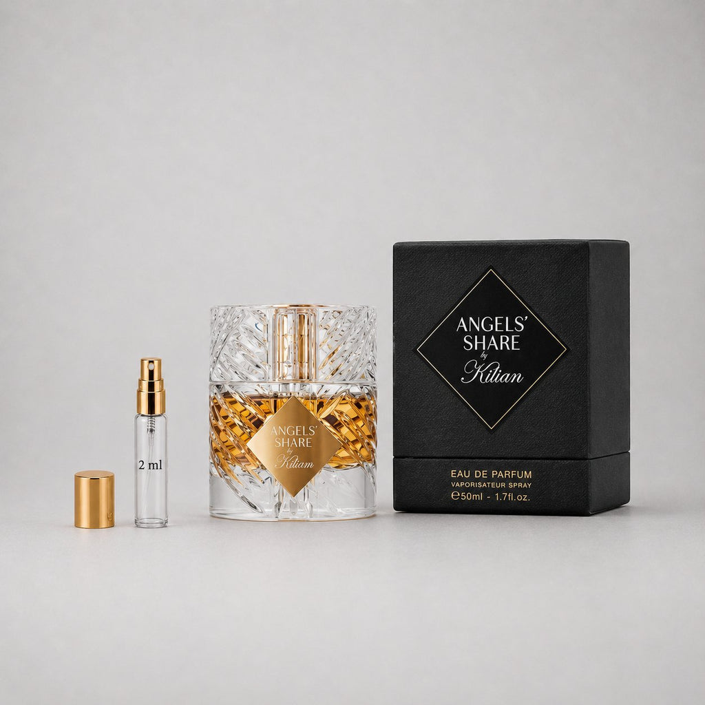 Kilian Angels' Share Sample Spray includes a crystal bottle and a 2ml spray vial, presented in a black box.
