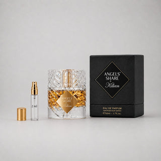Kilian Angels' Share Sample Spray includes a crystal bottle and a 2ml spray vial, presented in a black box.