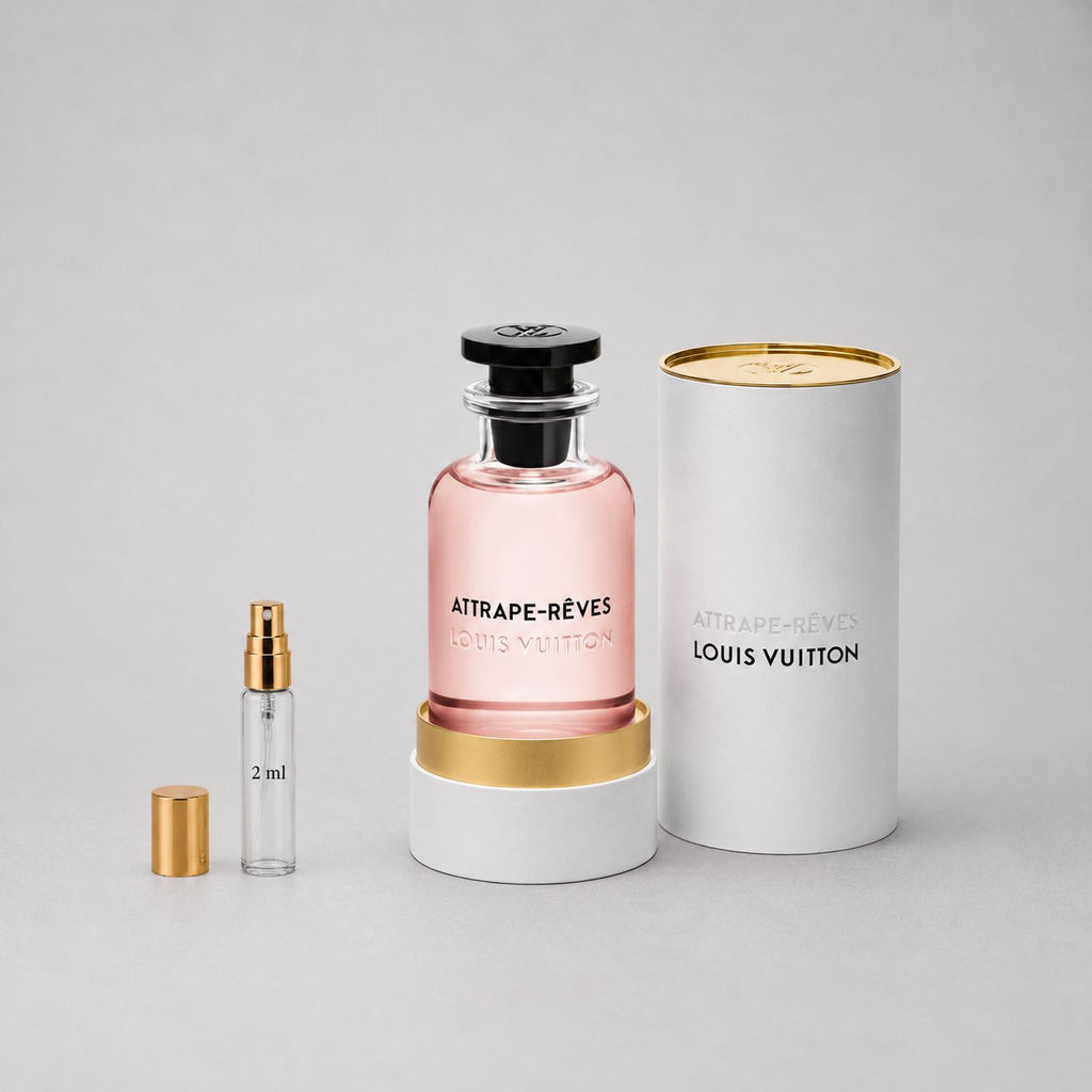 Louis Vuitton Attrape-Rêves Sample Spray features a pink fragrance bottle with a gold accent, accompanied by a 2 ml spray via
