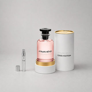 Louis Vuitton Attrape-Rêves Sample Spray features a pink fragrance bottle and a small spray vial in a white box.
