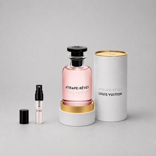 Louis Vuitton Attrape-Rêves Sample Spray featuring a pink fragrance bottle, a 5ml spray, and elegant packaging.