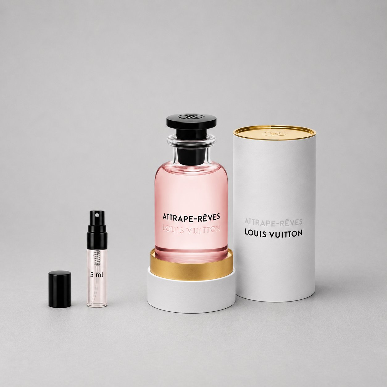 Louis Vuitton Attrape-Rêves Sample Spray featuring a pink fragrance bottle, a 5ml spray, and elegant packaging.