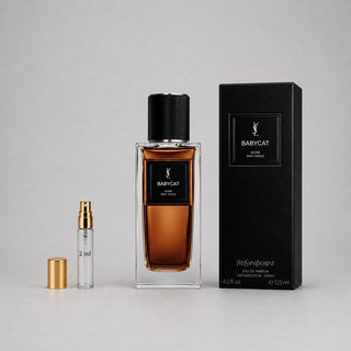 Yves Saint Laurent Babycat Sample Spray includes a 2ml spray vial and a 125ml bottle in a sleek black box.