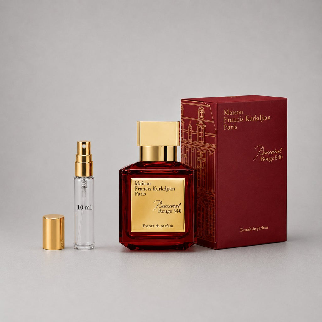 Maison Francis Kurkdjian Baccarat Rouge 540 Sample Spray, featuring a red glass bottle, gold accents, and a matching box.