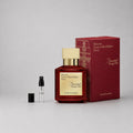 Maison Francis Kurkdjian Baccarat Rouge 540 sample spray with a red box and a clear vial, showcasing the luxurious fragrance.