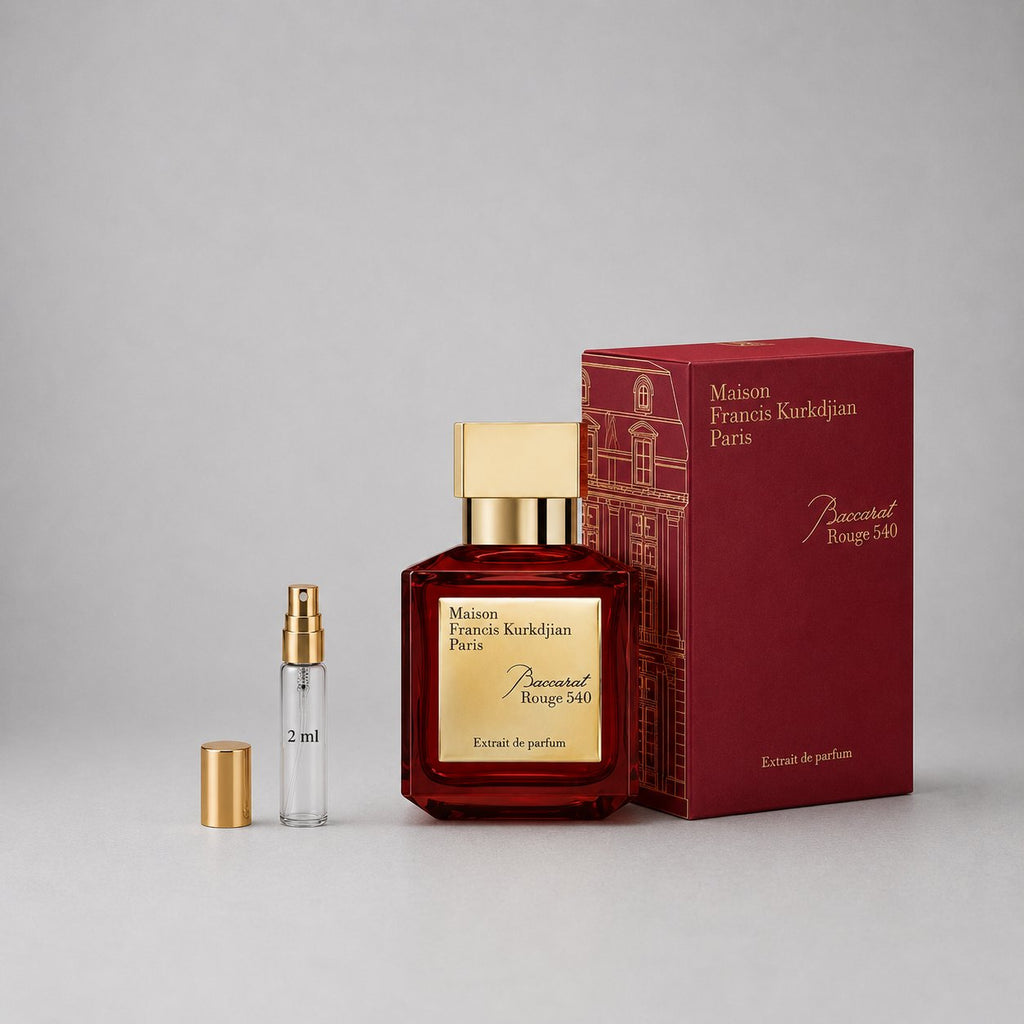 Maison Francis Kurkdjian Baccarat Rouge 540 sample spray with a red box, featuring a gold cap and a 2 ml spray vial.