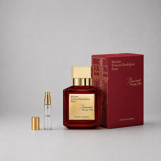 Maison Francis Kurkdjian Baccarat Rouge 540 sample spray with a red box, featuring a gold cap and a 2 ml spray vial.
