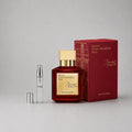 Maison Francis Kurkdjian Baccarat Rouge 540 sample spray with a 3ml vial beside a red box featuring gold accents.
