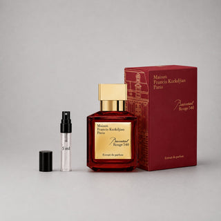Maison Francis Kurkdjian Baccarat Rouge 540 sample spray with a 5ml vial and a luxurious red box featuring gold accents.
