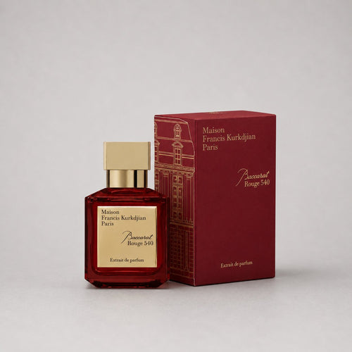 Maison Francis Kurkdjian Baccarat Rouge 540 sample spray in a red glass bottle with a gold cap, accompanied by a matching box