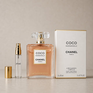 Chanel Coco Mademoiselle Sample Spray set featuring a 20ml bottle, a 10ml spray, and a box with three refills.