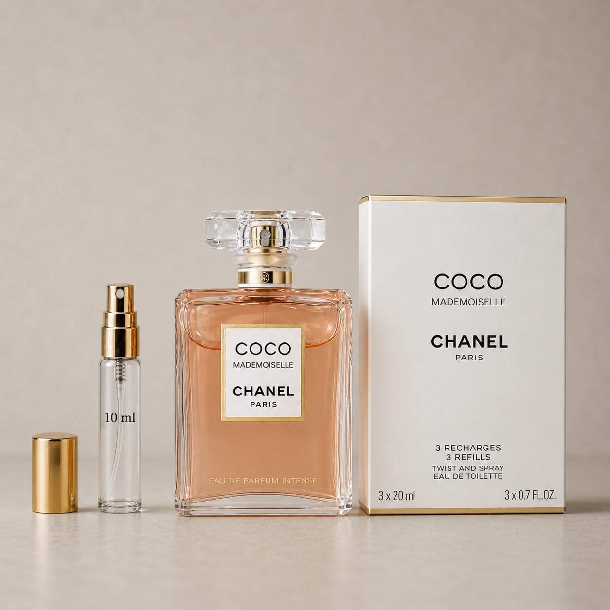 Chanel Coco Mademoiselle Sample Spray set featuring a 20ml bottle, a 10ml spray, and a box with three refills.
