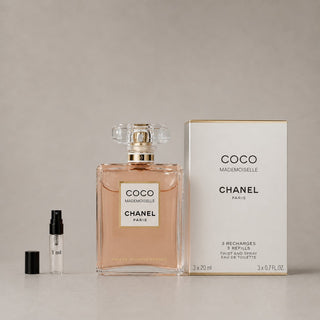 Chanel Coco Mademoiselle Sample Spray set featuring a 20ml bottle and three 1ml refill vials in elegant packaging.