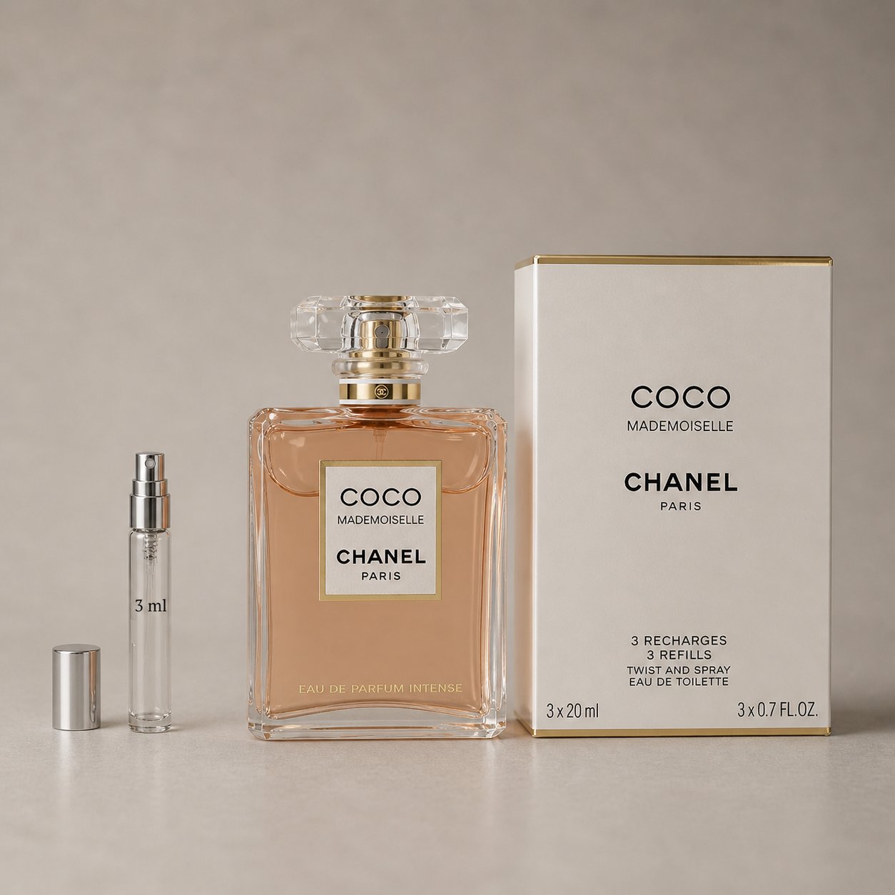 Chanel Coco Mademoiselle Sample Spray set featuring a 20ml perfume bottle and three 3ml refill vials in a box.