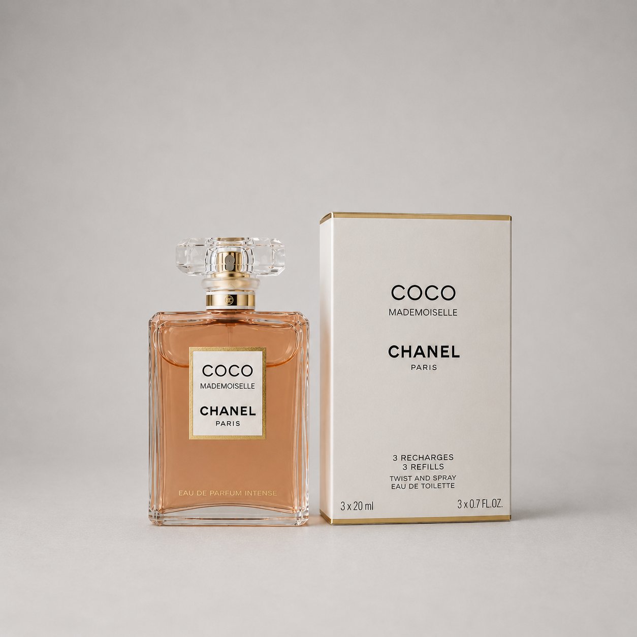 Chanel Coco Mademoiselle Sample Spray set includes a 20ml bottle and two refillable sprays in elegant packaging.