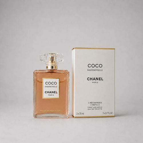 Chanel Coco Mademoiselle Sample Spray set includes a 20ml bottle and two refillable sprays in elegant packaging.