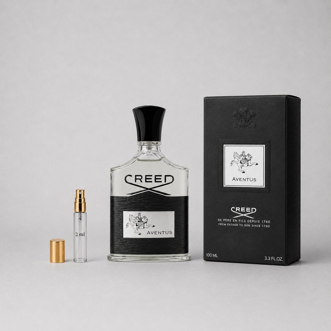 Creed Aventus Sample Spray featuring a 100ml bottle, a 2ml spray vial, and a black box with the brand logo.
