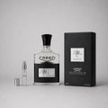 Creed Aventus Sample Spray featuring a 3 ml vial next to a 100 ml bottle and elegant black packaging.