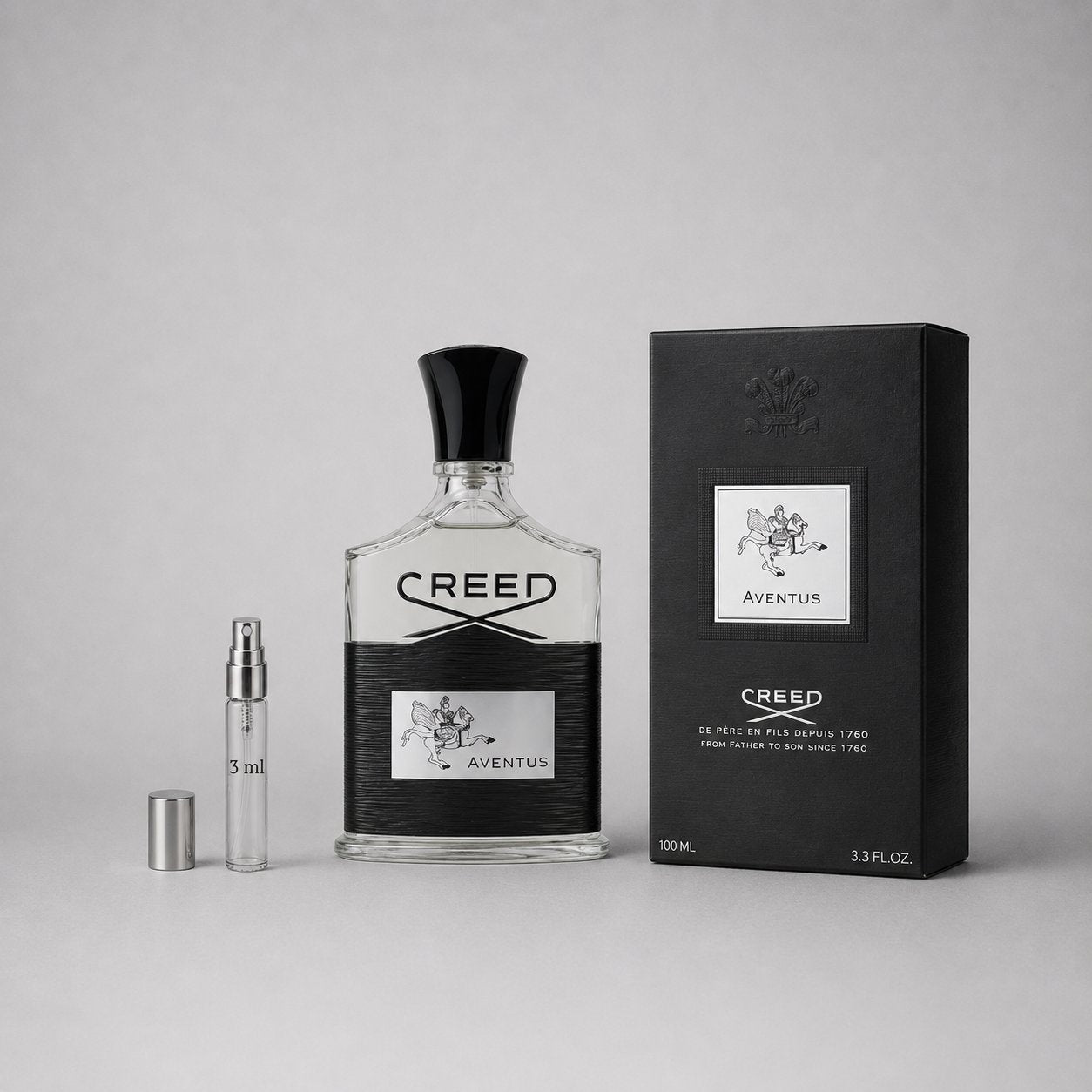 Creed Aventus Sample Spray featuring a 3 ml vial next to a 100 ml bottle and elegant black packaging.