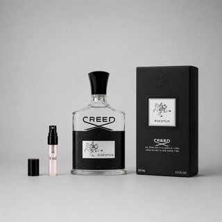 Creed Aventus Sample Spray featuring a 5ml spray bottle and a 100ml glass bottle with a black label and logo.