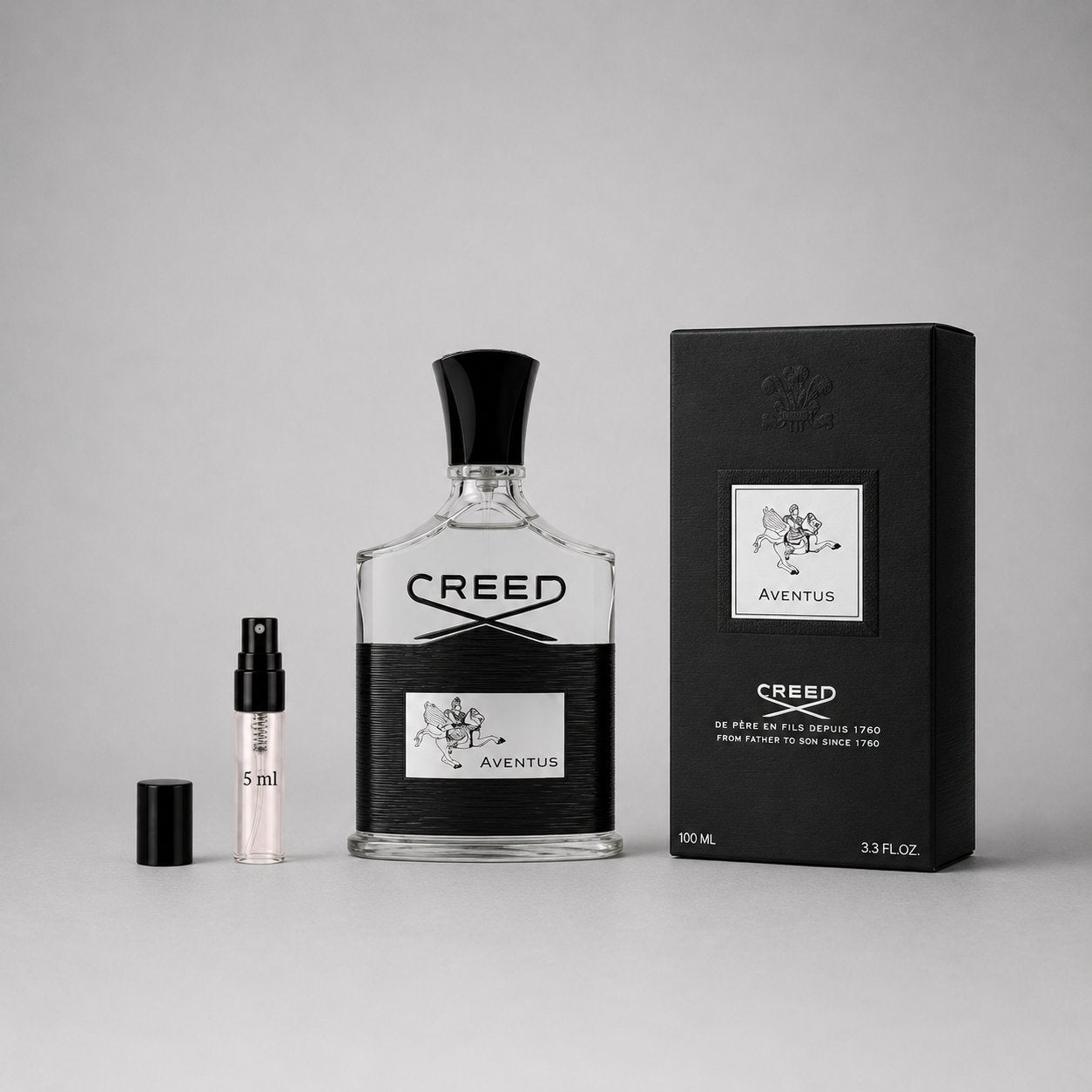 Creed Aventus Sample Spray featuring a 5ml spray bottle and a 100ml glass bottle with a black label and logo.