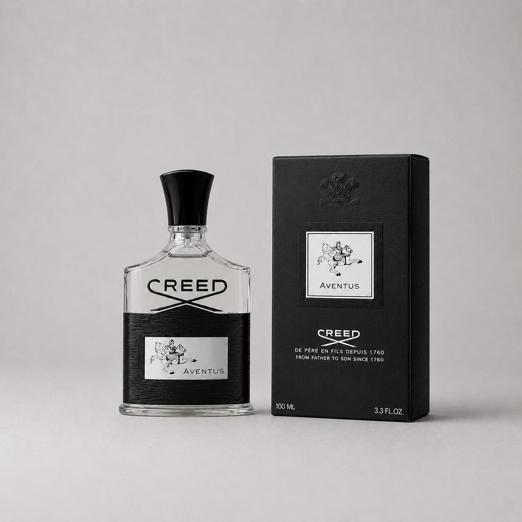 Creed Aventus Sample Spray in a clear bottle with a black cap, alongside a black box featuring the brand logo.
