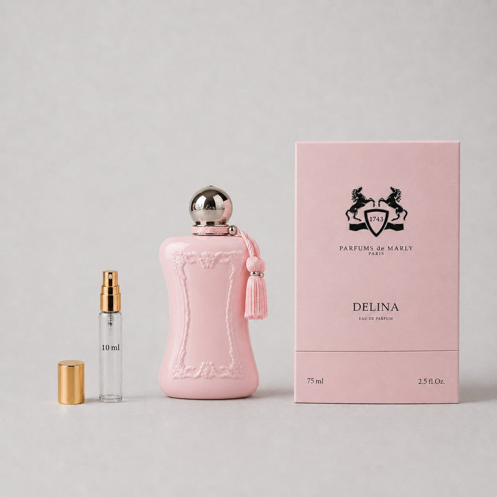 Delina Sample Spray by Parfums de Marly, featuring a pink bottle, a small spray vial, and a matching box.