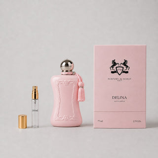 Delina Sample Spray by Parfums de Marly, featuring a pink bottle, a small spray vial, and a matching box.