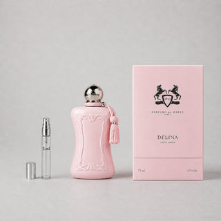 Delina Sample Spray by Parfums de Marly, featuring a pink bottle, tassel, and matching box, with a 5ml spray included.