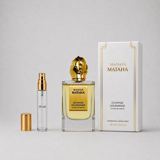 Maison Mataha Escapade Gourmande Sample Spray includes a 100ml bottle and a 10ml travel spray, elegantly packaged.
