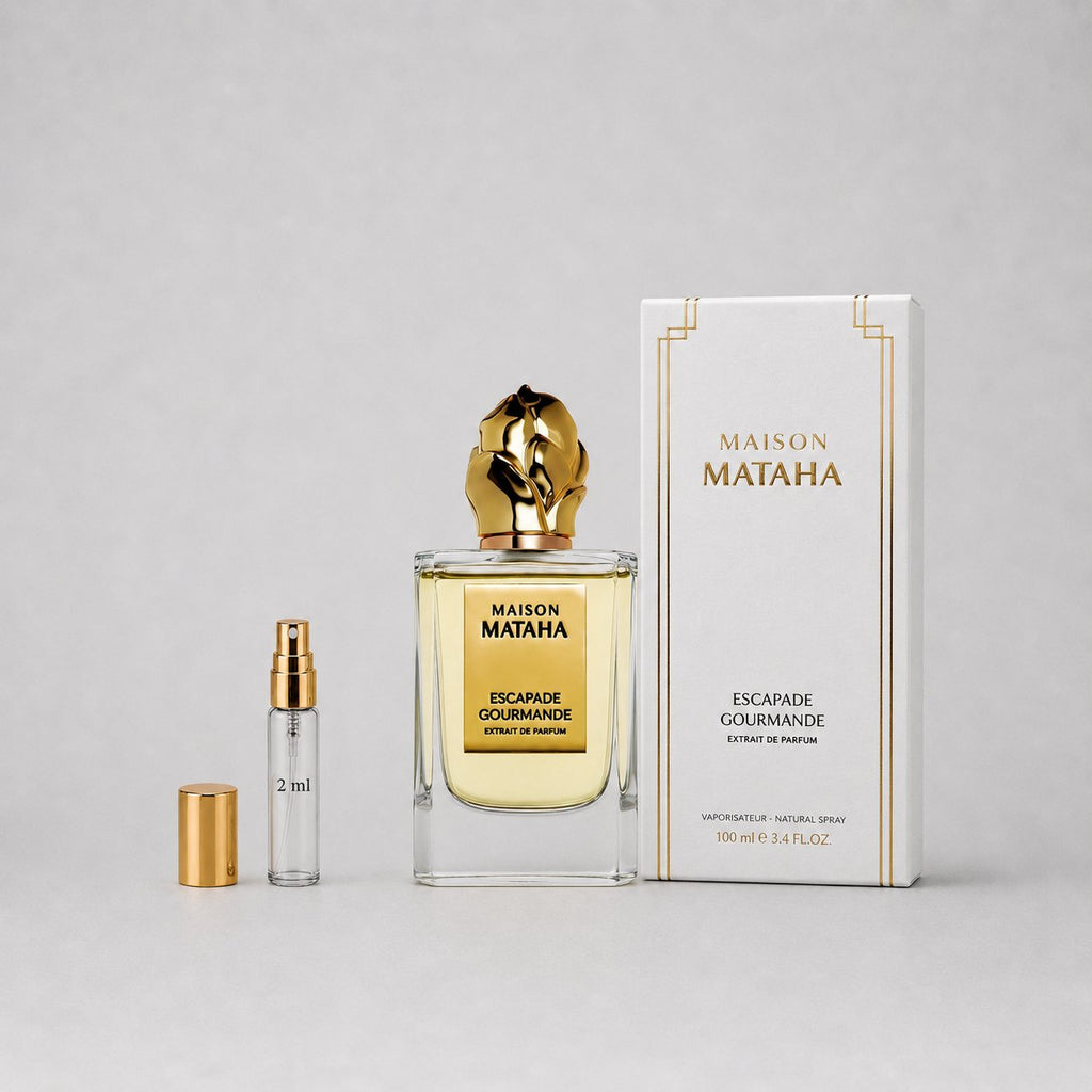 Maison Mataha — Escapade Gourmande Sample Spray featuring a 100 ml bottle and a 2 ml travel spray, elegantly presented in a b