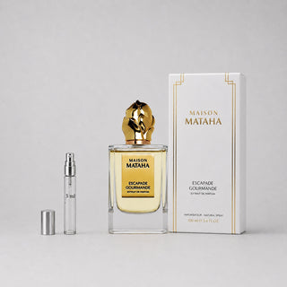 Maison Mataha Escapade Gourmande Sample Spray includes a 100ml bottle with a gold cap and a 3ml travel spray.