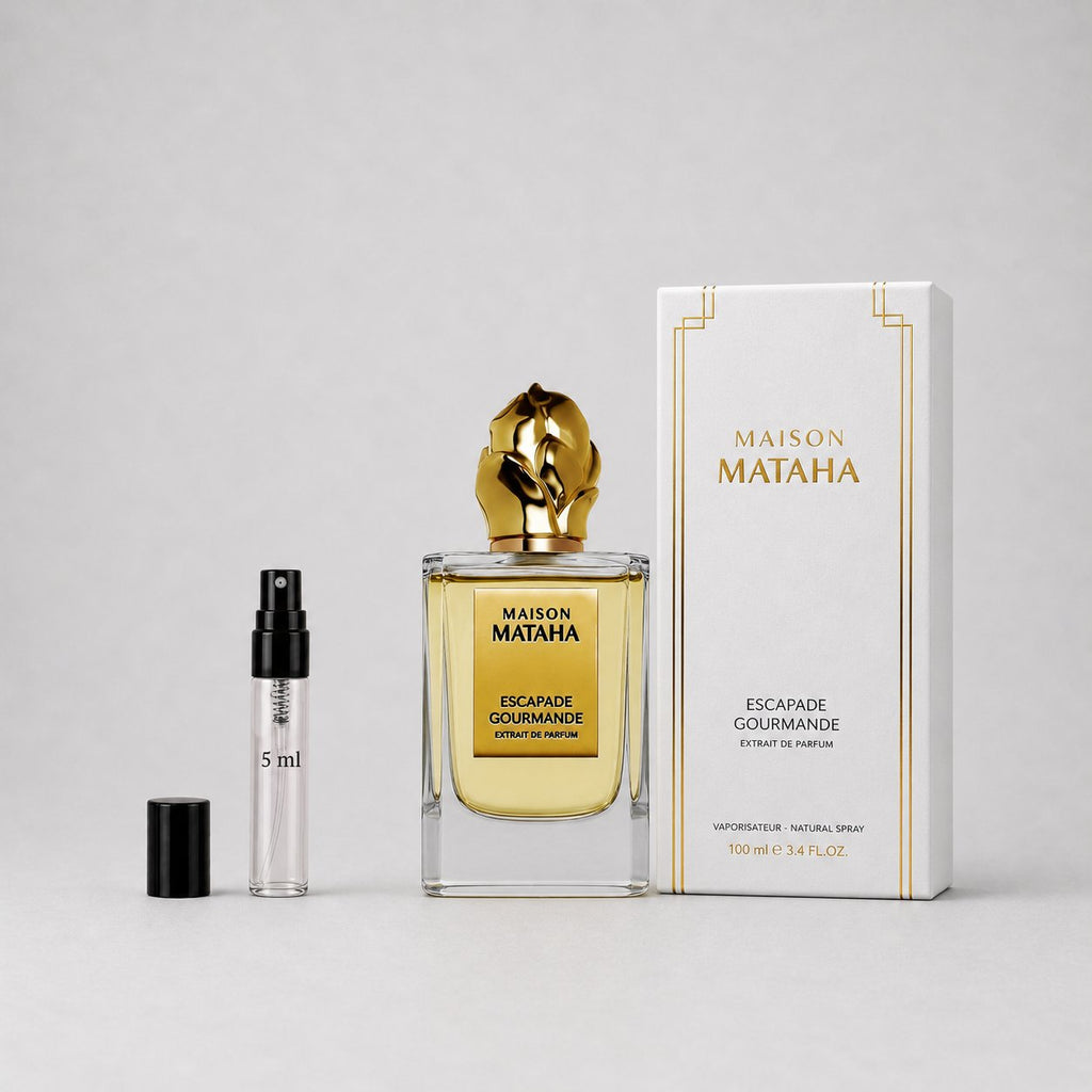 Maison Mataha Escapade Gourmande Sample Spray includes a 100 ml bottle and a 5 ml travel spray, both elegantly designed.