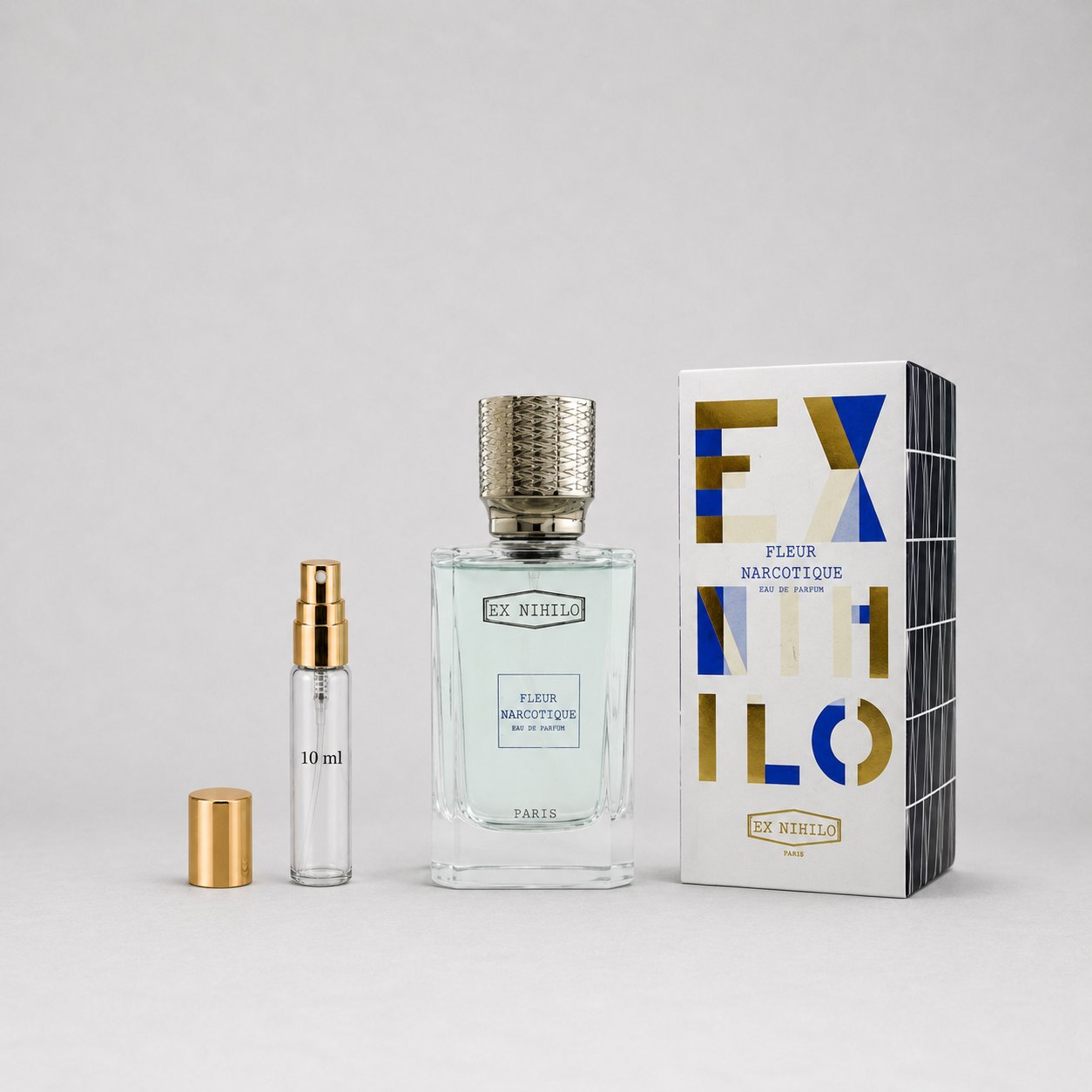 Ex Nihilo Fleur Narcotique Sample Spray with a 10ml vial and a stylish box featuring bold gold and black design.