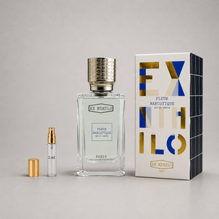 Ex Nihilo Fleur Narcotique Sample Spray with a clear bottle, gold cap, and elegant packaging. Includes a 2 ml travel spray.