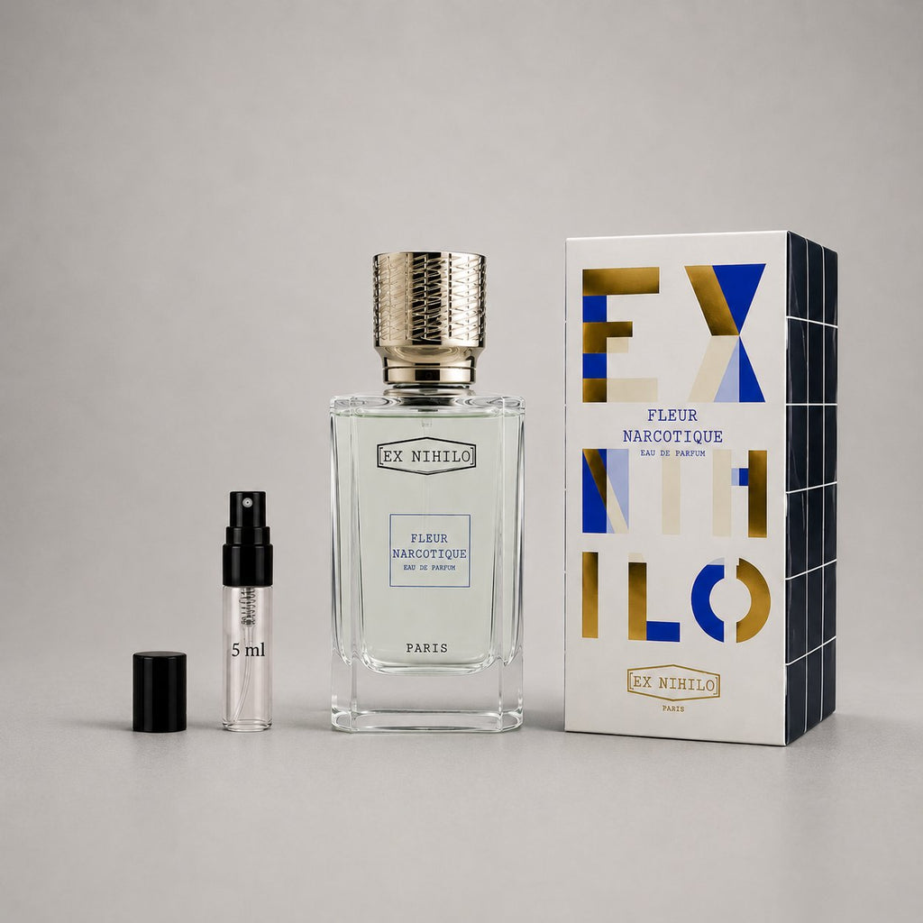 Ex Nihilo Fleur Narcotique Sample Spray featuring a clear bottle with a gold cap, a 5 ml spray vial, and a decorative box.