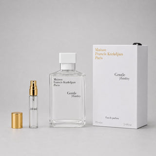 Maison Francis Kurkdjian Gentle Fluidity Silver Sample Spray with a 10ml spray bottle and elegant packaging.