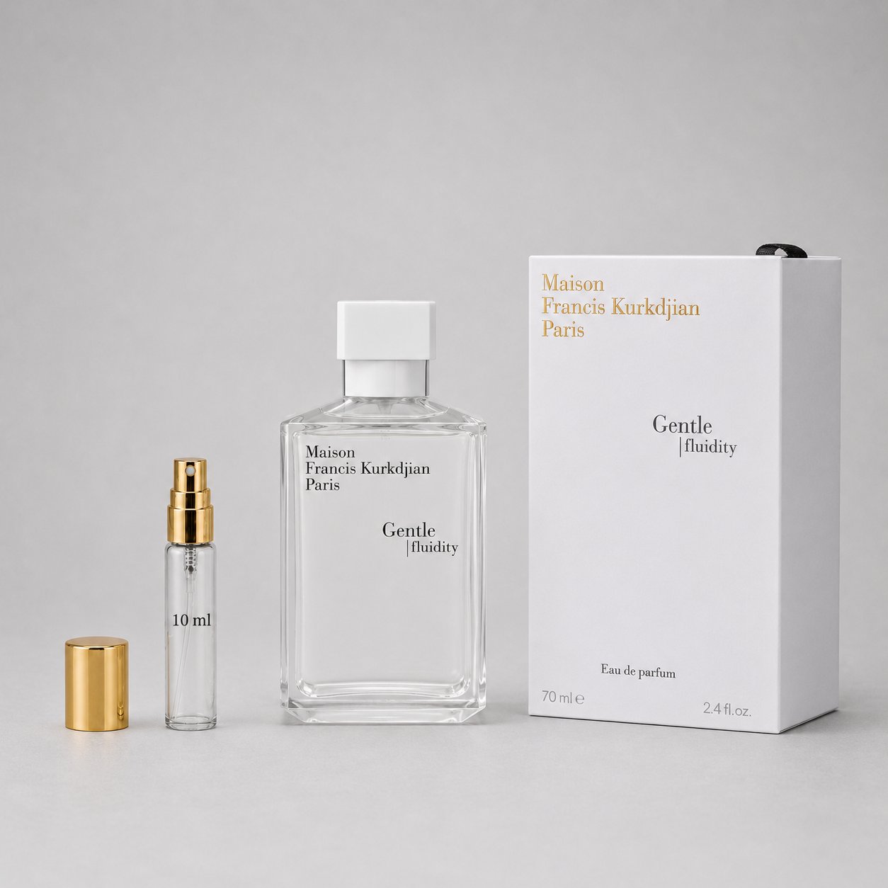 Maison Francis Kurkdjian Gentle Fluidity Silver Sample Spray with a 10ml spray bottle and elegant packaging.