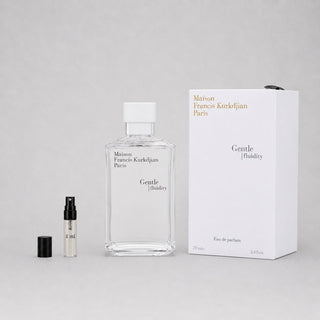 Maison Francis Kurkdjian Gentle Fluidity Silver Sample Spray, featuring a clear bottle, 1ml sample, and elegant packaging.