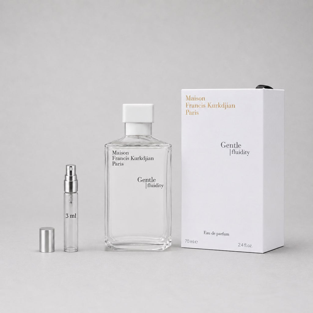 Maison Francis Kurkdjian Gentle Fluidity Silver Sample Spray, 3ml vial, 70ml bottle, and elegant packaging displayed together