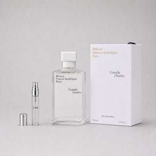 Maison Francis Kurkdjian Gentle Fluidity Silver Sample Spray, 3ml vial, 70ml bottle, and elegant packaging displayed together