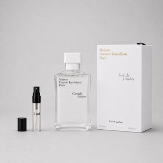 Maison Francis Kurkdjian Gentle Fluidity Silver Sample Spray with a 70ml bottle and a 5ml travel spray, elegantly packaged.
