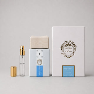 Giardini di Toscana Bianco Latte Sample Spray with a 10ml glass vial and elegant packaging box.