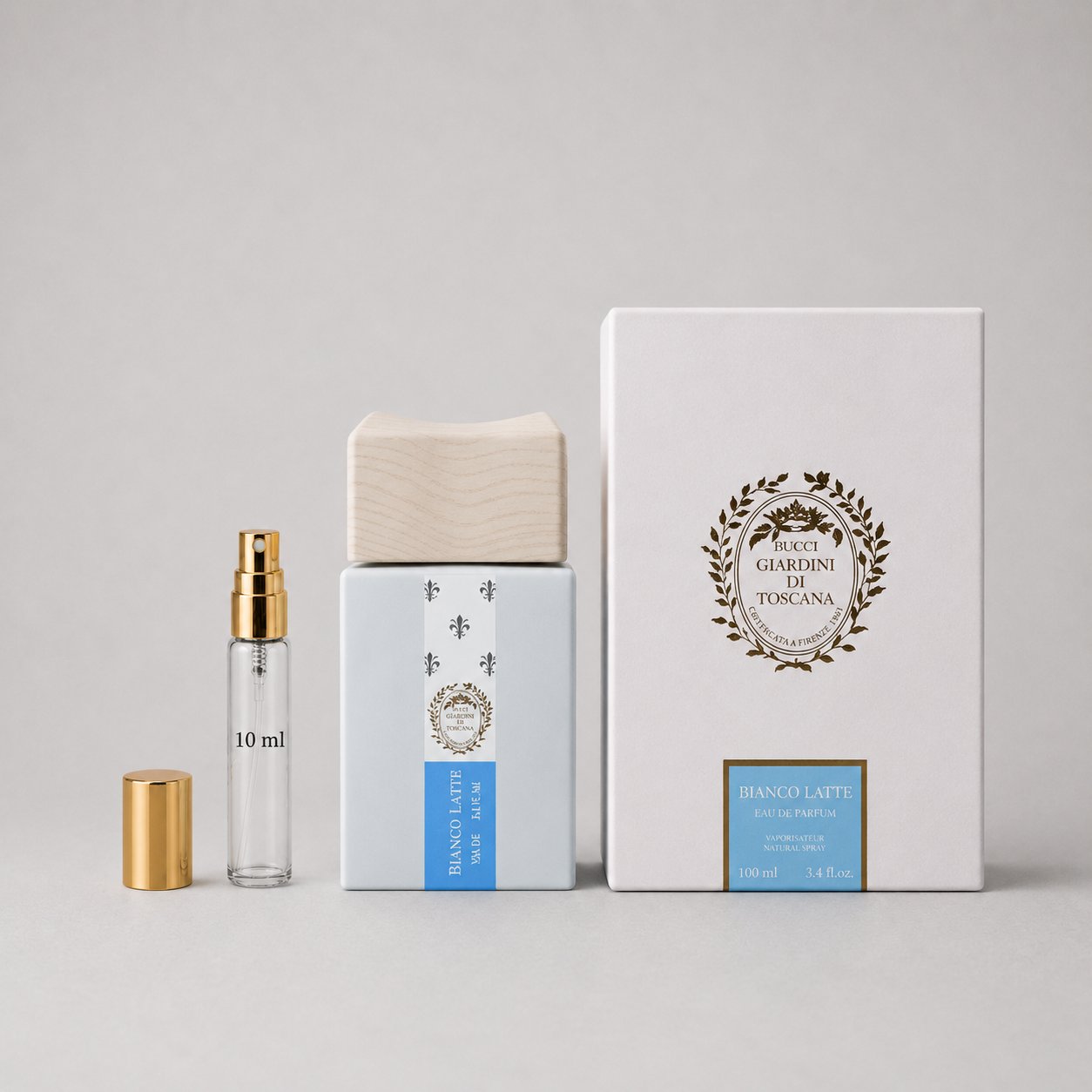 Giardini di Toscana Bianco Latte Sample Spray with a 10ml glass vial and elegant packaging box.