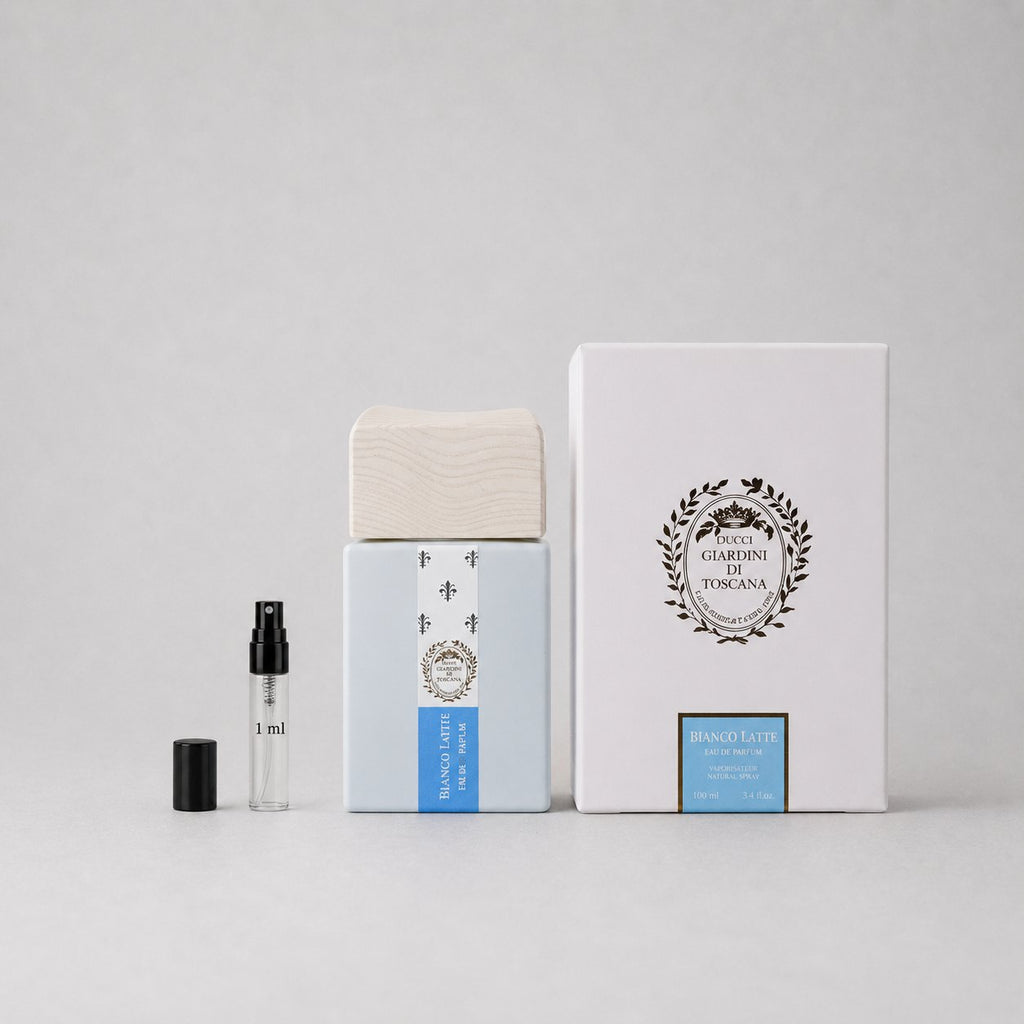 Giardini di Toscana Bianco Latte Sample Spray with a blue box, wooden cap, and a small spray vial.