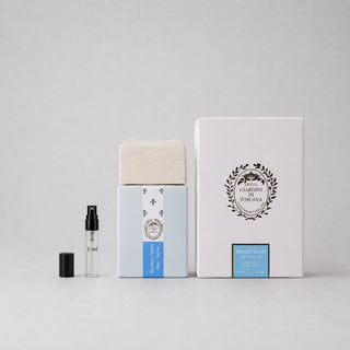 Giardini di Toscana Bianco Latte Sample Spray with a blue box, wooden cap, and a small spray vial.