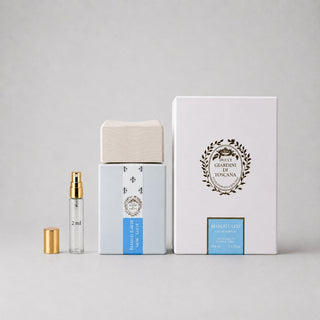 Giardini di Toscana Bianco Latte Sample Spray, featuring a 2ml spray bottle and elegant packaging with a wooden cap.